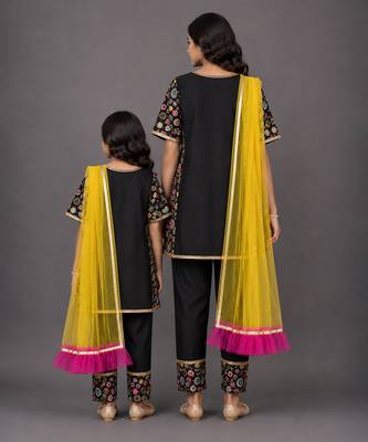 Mother daughter black embroidered cotton silk kurta set 2