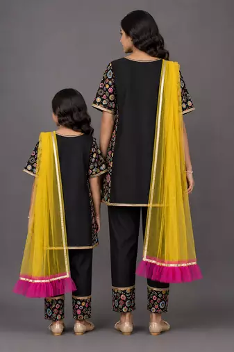 Mother daughter black embroidered cotton silk kurta set