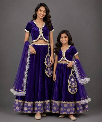 Mother daughter purple embroidered velvet lehenga set 1