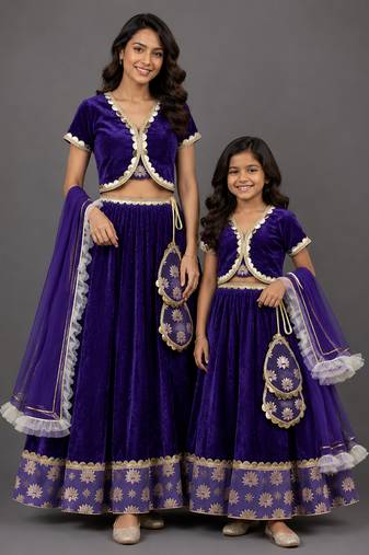 Mother daughter purple embroidered velvet lehenga set