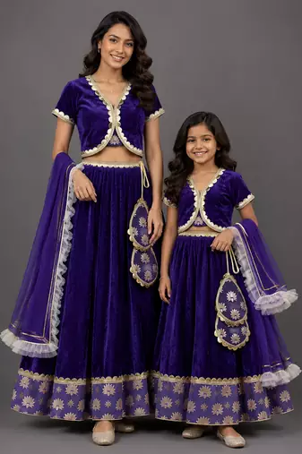 Mother daughter purple embroidered velvet lehenga set