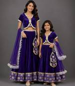 Mother daughter purple embroidered velvet lehenga set