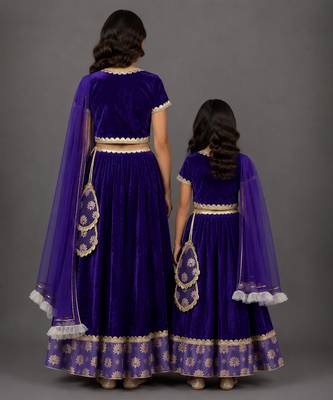 Mother daughter purple embroidered velvet lehenga set 2