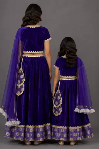 Mother daughter purple embroidered velvet lehenga set