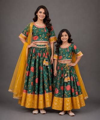 Mother daughter multicolor printed cotton silk lehenga set 1