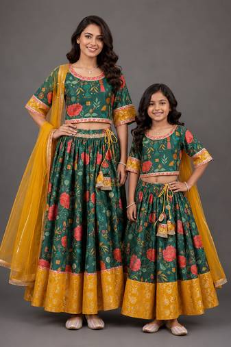 Mother daughter multicolor printed cotton silk lehenga set