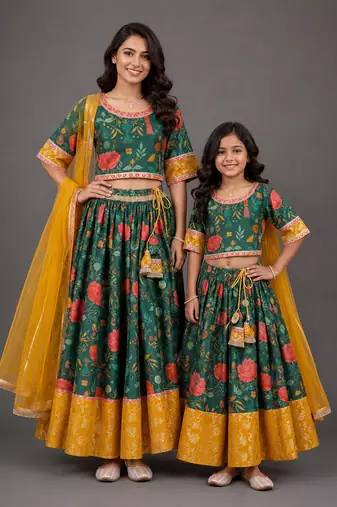 Mother daughter multicolor printed cotton silk lehenga set