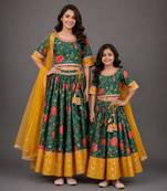 Mother daughter multicolor printed cotton silk lehenga set