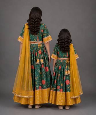 Mother daughter multicolor printed cotton silk lehenga set 2