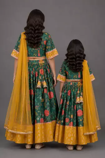 Mother daughter multicolor printed cotton silk lehenga set