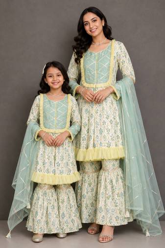 Mother daughter multicolor printed cotton sharara set