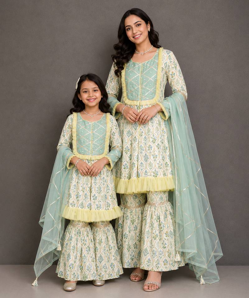 Mother daughter multicolor printed cotton sharara set