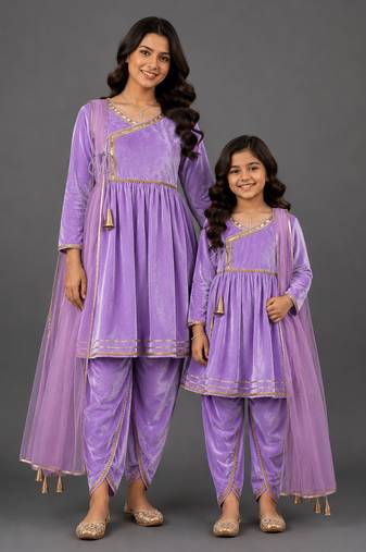 Mother daughter purple velvet kurta set