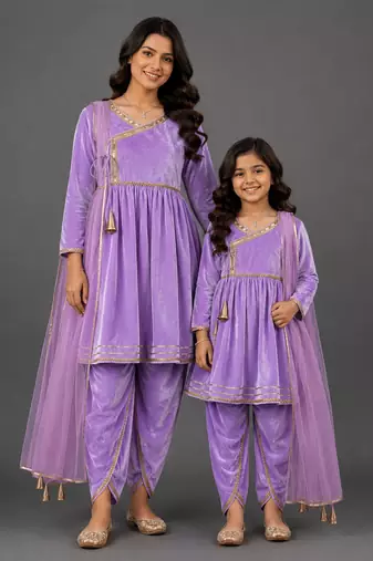 Mother daughter purple velvet kurta set