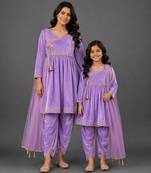 Mother daughter purple velvet kurta set