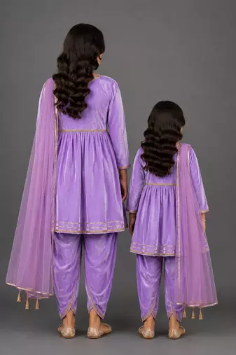 Mother daughter purple velvet kurta set