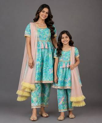 Mother daughter blue printed cotton silk kurta set 1