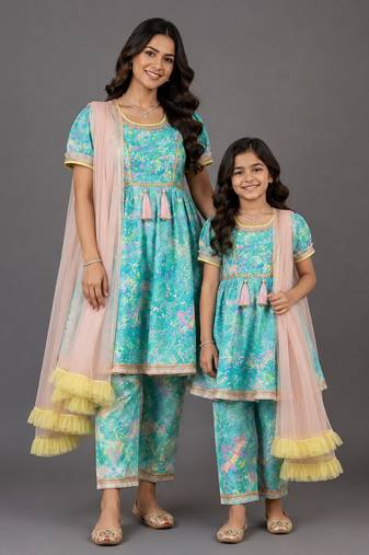 Mother daughter blue printed cotton silk kurta set