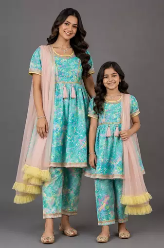 Mother daughter blue printed cotton silk kurta set