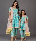 Mother daughter blue printed cotton silk kurta set