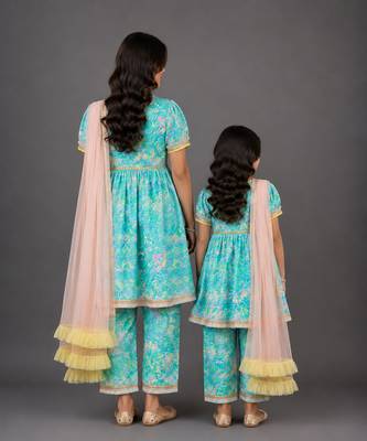 Mother daughter blue printed cotton silk kurta set 2