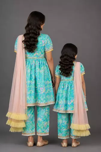 Mother daughter blue printed cotton silk kurta set
