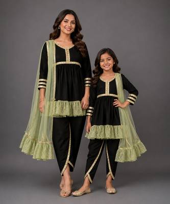 Mother daughter black embroidered velvet kurti set 1