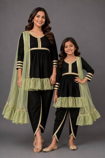 Mother daughter black embroidered velvet kurti set