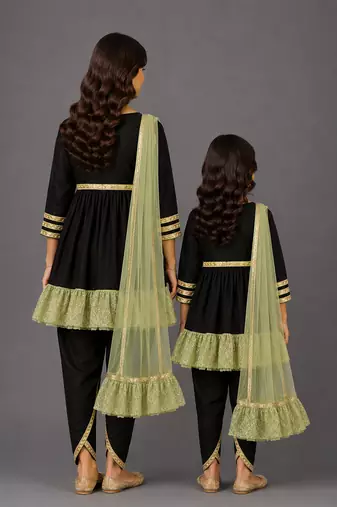 Mother daughter black embroidered velvet kurti set