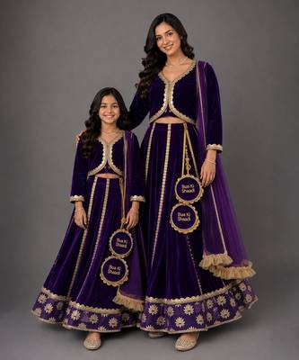 Mother daughter purple embroidered velvet lehenga set 1