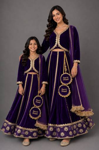 Mother daughter purple embroidered velvet lehenga set