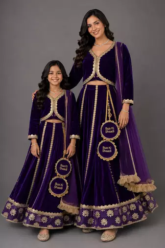 Mother daughter purple embroidered velvet lehenga set