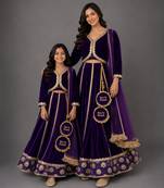 Mother daughter purple embroidered velvet lehenga set