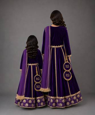 Mother daughter purple embroidered velvet lehenga set 2