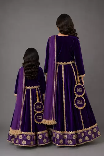 Mother daughter purple embroidered velvet lehenga set