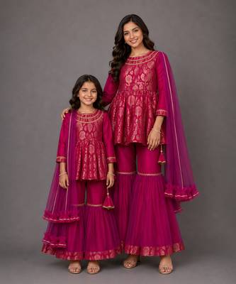 Mother daughter hot pink woven brocade sharara set 1