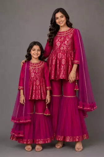 Mother daughter hot pink woven brocade sharara set