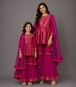 Mother daughter hot pink woven brocade sharara set