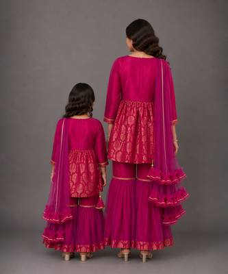 Mother daughter hot pink woven brocade sharara set 2