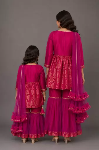 Mother daughter hot pink woven brocade sharara set