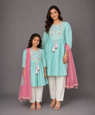 Mother daughter blue embroidered cotton silk kurti set 1