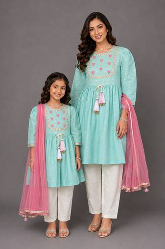 Mother daughter blue embroidered cotton silk kurti set