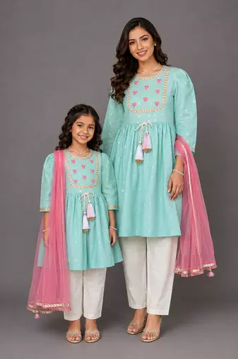 Mother daughter blue embroidered cotton silk kurti set