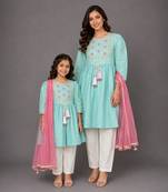 Mother daughter blue embroidered cotton silk kurti set