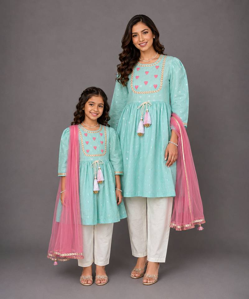 Mother daughter blue embroidered cotton silk kurti set