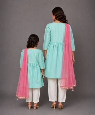 Mother daughter blue embroidered cotton silk kurti set 2
