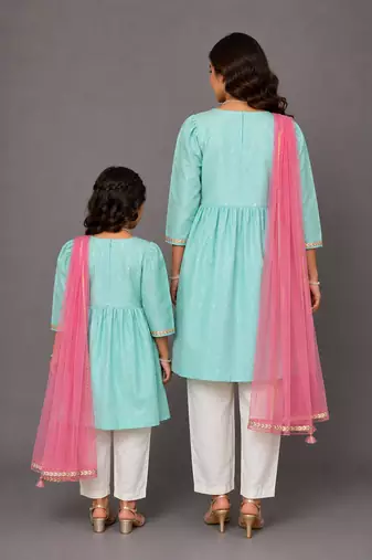 Mother daughter blue embroidered cotton silk kurti set