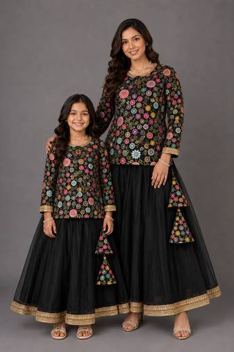 Mother daughter black embroidered cotton silk lehenga set
