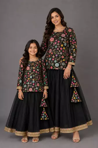 Mother daughter black embroidered cotton silk lehenga set