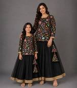Mother daughter black embroidered cotton silk lehenga set